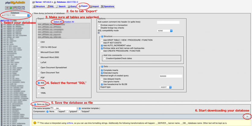 Export database with phpMyAdmin