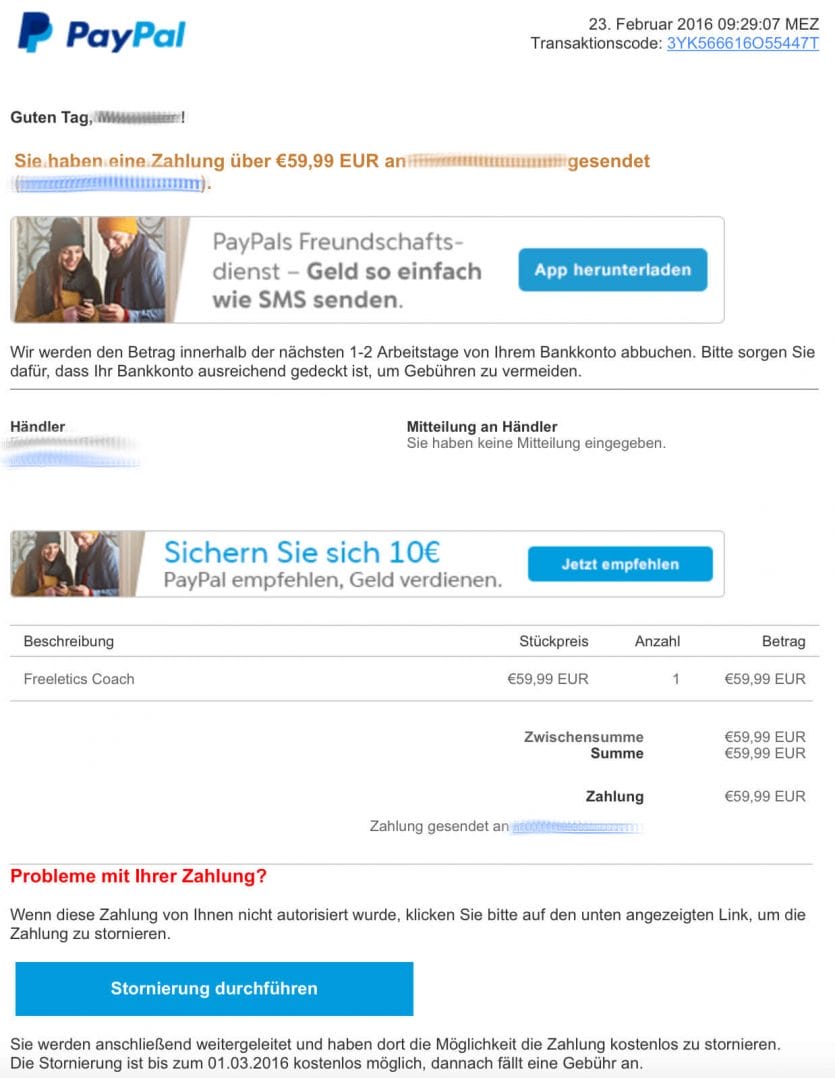 Pishing E-Mail um Zugang zum PayPal Konto zu erlangen.